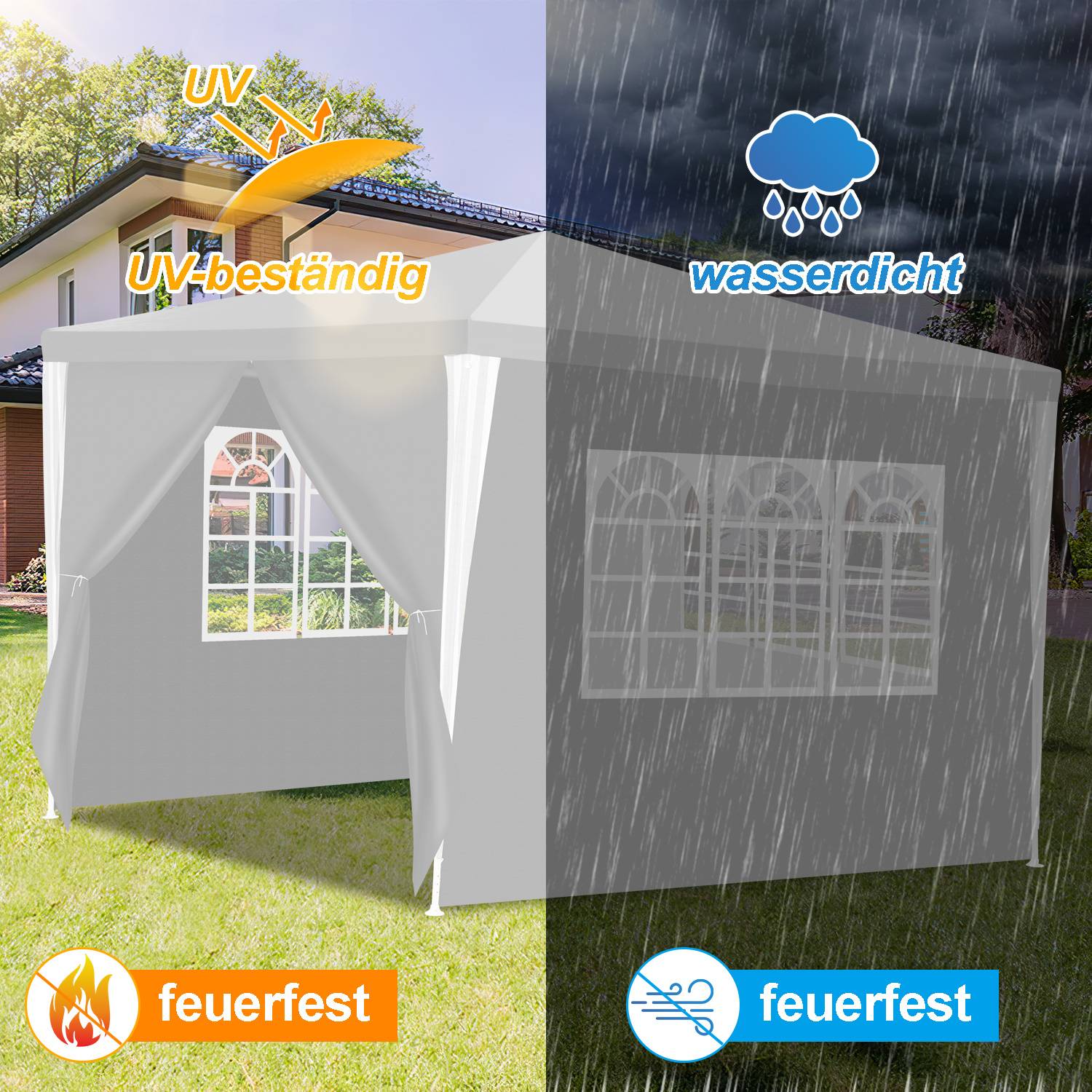 Pavillon 3 x 3 m Weiß Gartenpavillon mit Seitenteilen Partyzelt Stecksystem