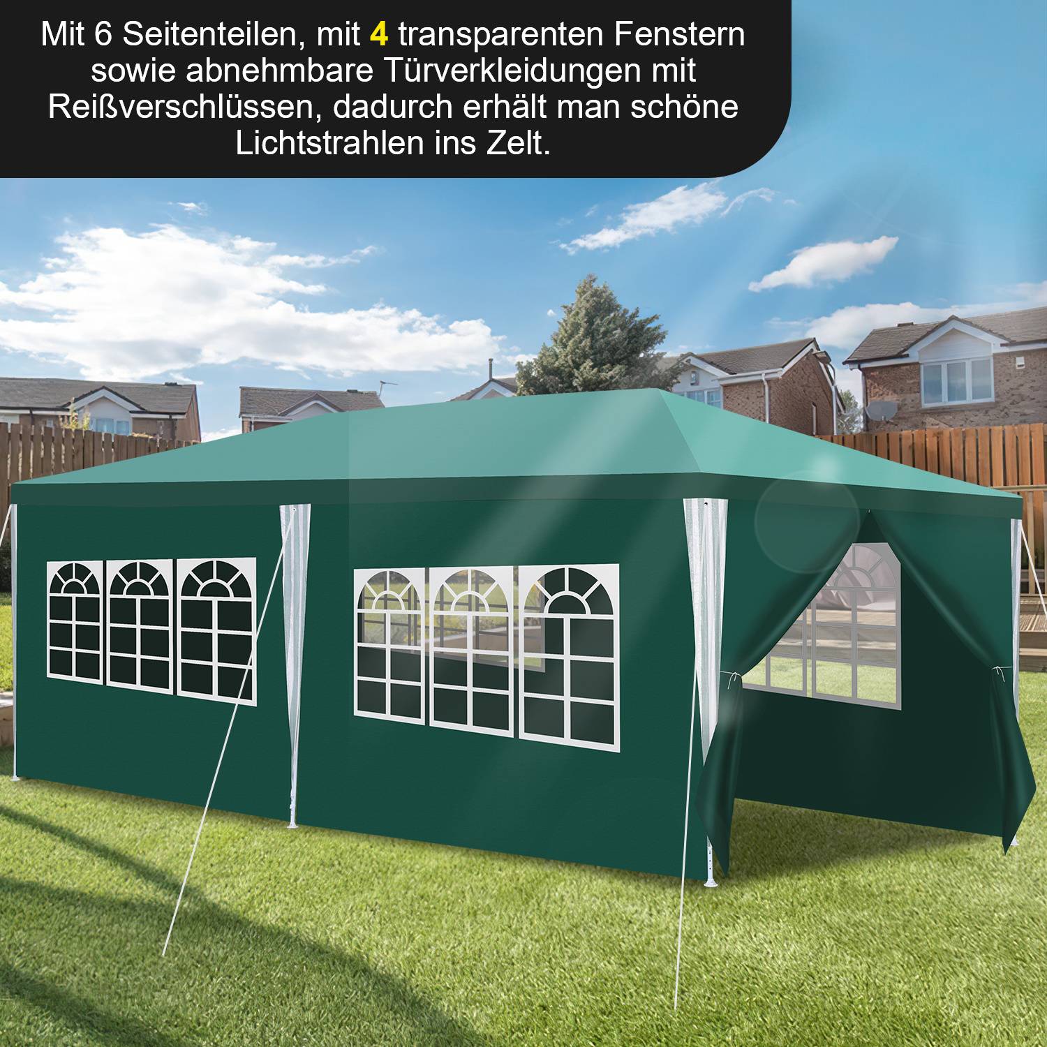 3 x 6 m Garten Pavillon mit 4 Seitenteilen tragbares wasserdichtes Zelt mit Spiralschläuchen, Grün