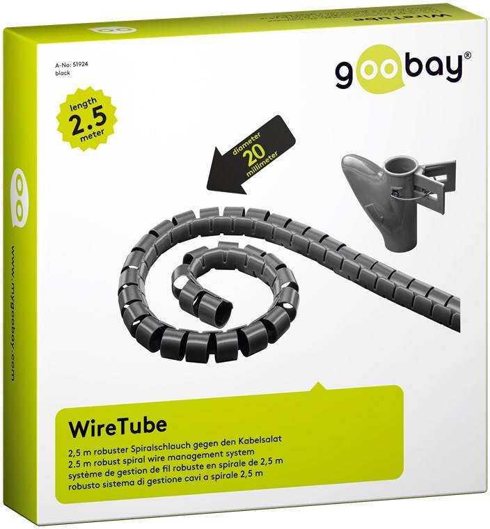 20X Goobay 51924 Kabelkanal, Schwarz - 2,5 m robuster Spiralschlauch gegen den Kabelsalat