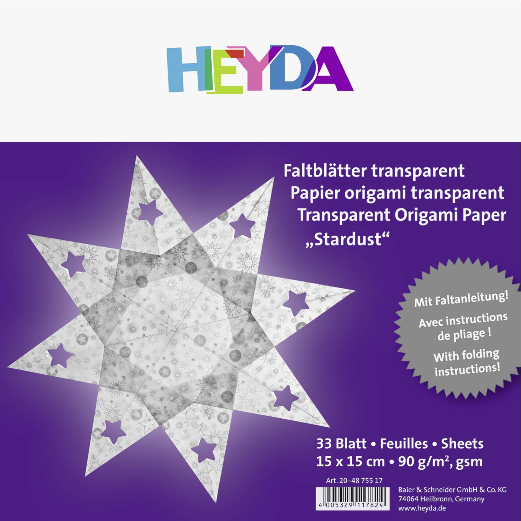 5X Heyda 204875517 Faltblätter-Set transparent „Stardust“, B/H: 15 cm, 90 g/m², silberfarben