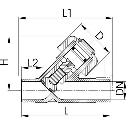 Technische Querschnittszeichnung eines abgewinkelten Inline-Rohrverbinders mit beschrifteten Abmessungen L1, L2, L, H, D und D1.