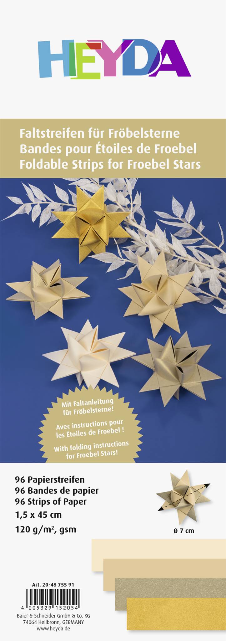 Heyda 204875591 Faltstreifen-Set für Fröbelsterne, B/H: 1,5 cm × 45 cm, 120 g/m², goldfarben