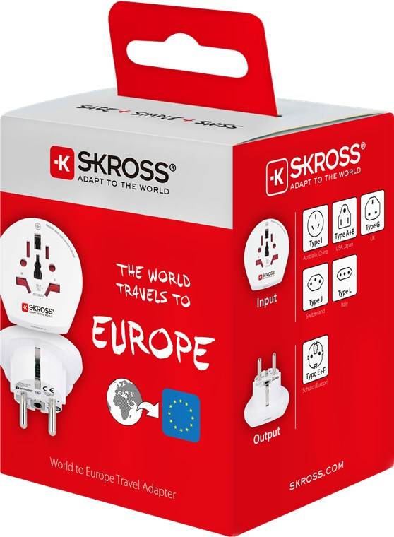 SKROSS 39769 Länderadapter Welt auf Europa, Weiß - geeignet für alle geerdeten und ungeerdeten Geräte (2- und 3-polig)