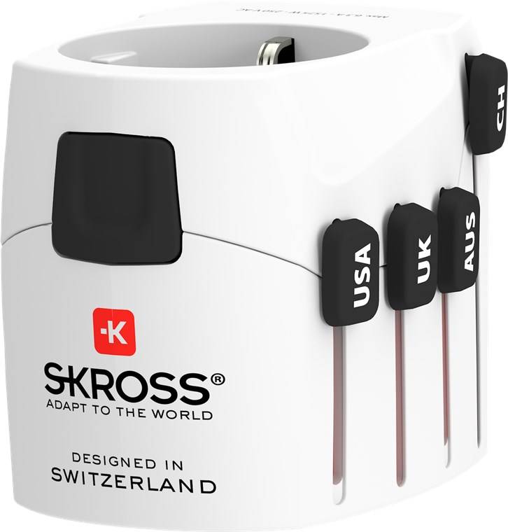 SKROSS 61636 World Adapter PRO - World & USB, weiß - geeignet für alle geerdeten und ungeerdeten Geräte (2- und 3-polig), mit integriertem USB-Lade