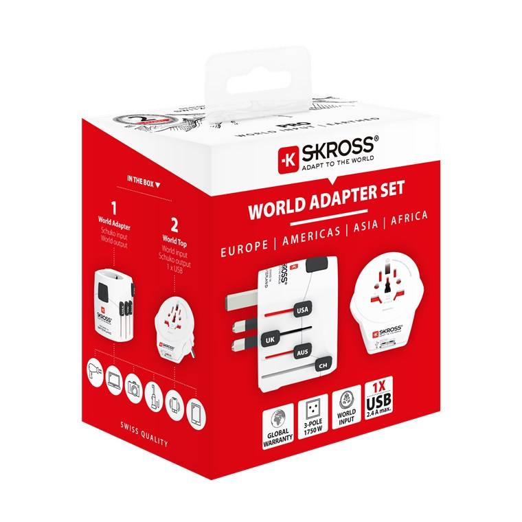 SKROSS 61636 World Adapter PRO - World & USB, weiß - geeignet für alle geerdeten und ungeerdeten Geräte (2- und 3-polig), mit integriertem USB-Lade