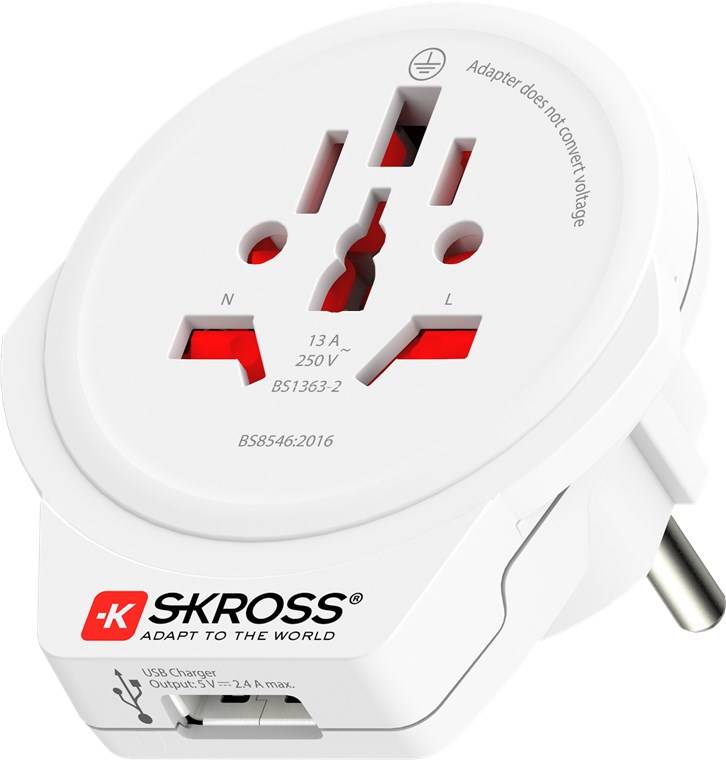 SKROSS 61636 World Adapter PRO - World & USB, weiß - geeignet für alle geerdeten und ungeerdeten Geräte (2- und 3-polig), mit integriertem USB-Lade