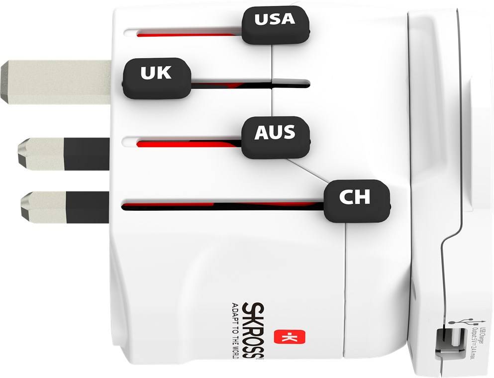 SKROSS 61636 World Adapter PRO - World & USB, weiß - geeignet für alle geerdeten und ungeerdeten Geräte (2- und 3-polig), mit integriertem USB-Lade