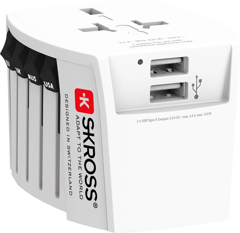 SKROSS 61664 World Adapter MUV USB 2x USB-A, weiß - kompakter, 2-poliger Weltreiseadapter mit 2 integrierten USB-Anschlüssen