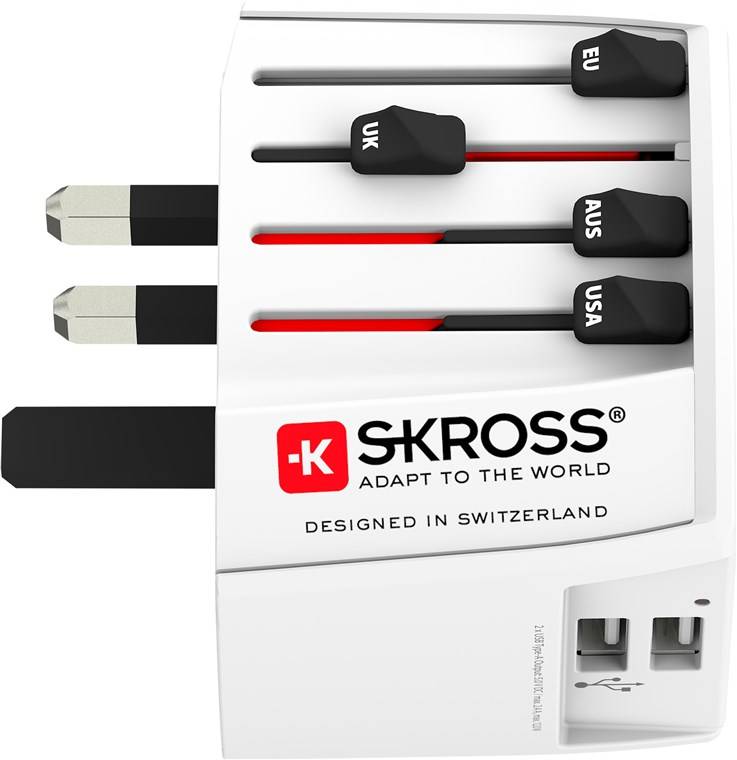 SKROSS 61664 World Adapter MUV USB 2x USB-A, weiß - kompakter, 2-poliger Weltreiseadapter mit 2 integrierten USB-Anschlüssen