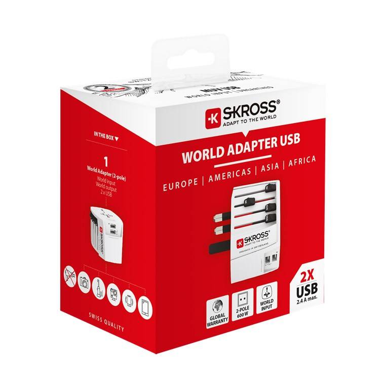 SKROSS 61664 World Adapter MUV USB 2x USB-A, weiß - kompakter, 2-poliger Weltreiseadapter mit 2 integrierten USB-Anschlüssen