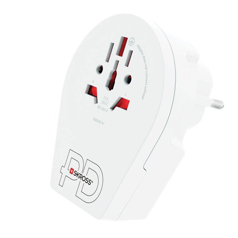 SKROSS 64714 World Adapter - World to Europe USB-C™ PD, weiß - Reiseadapter für alle geerdeten und ungeerdeten Geräte (2- und 3-polig), mit integ