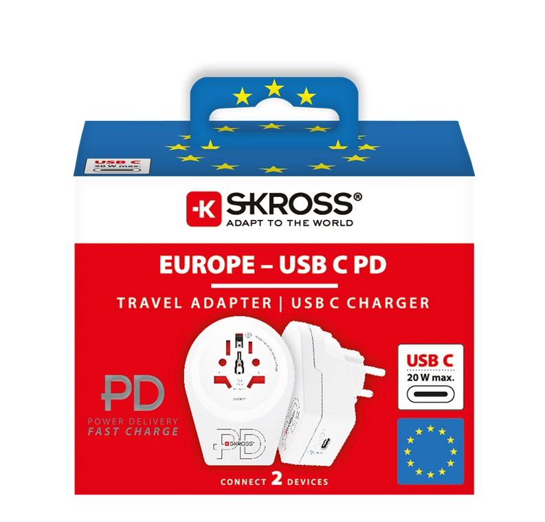 SKROSS 64714 World Adapter - World to Europe USB-C™ PD, weiß - Reiseadapter für alle geerdeten und ungeerdeten Geräte (2- und 3-polig), mit integ