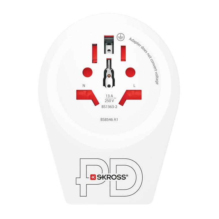 SKROSS 64714 World Adapter - World to Europe USB-C™ PD, weiß - Reiseadapter für alle geerdeten und ungeerdeten Geräte (2- und 3-polig), mit integ