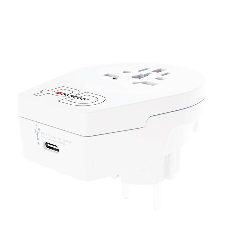 SKROSS 64714 World Adapter - World to Europe USB-C™ PD, weiß - Reiseadapter für alle geerdeten und ungeerdeten Geräte (2- und 3-polig), mit integ