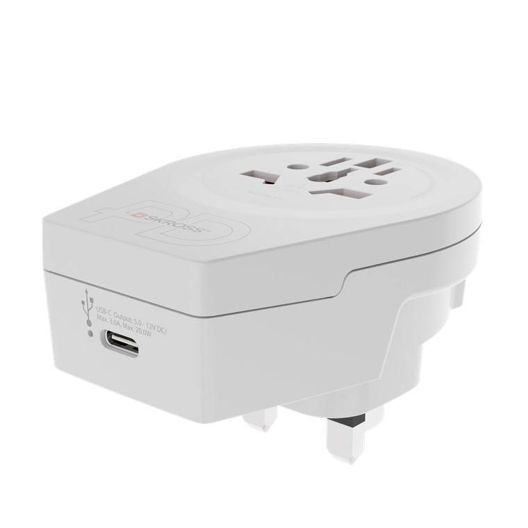 SKROSS 64715 World Adapter - World to UK USB-C™ PD, weiß - Reiseadapter für alle geerdeten und ungeerdeten Geräte (2- und 3-polig), mit integrier