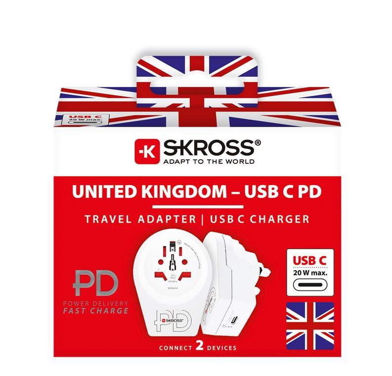 SKROSS 64715 World Adapter - World to UK USB-C™ PD, weiß - Reiseadapter für alle geerdeten und ungeerdeten Geräte (2- und 3-polig), mit integrier