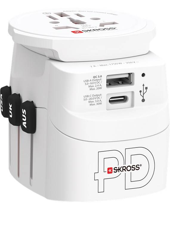 SKROSS 61663 World Adapter PRO Light USB AC30PD - geeignet für 2- und 3-polige Geräte, mit integriertem dualem USB-Ladegerät und Schnellladefunktio