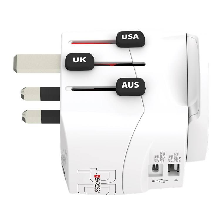 SKROSS 61663 World Adapter PRO Light USB AC30PD - geeignet für 2- und 3-polige Geräte, mit integriertem dualem USB-Ladegerät und Schnellladefunktio