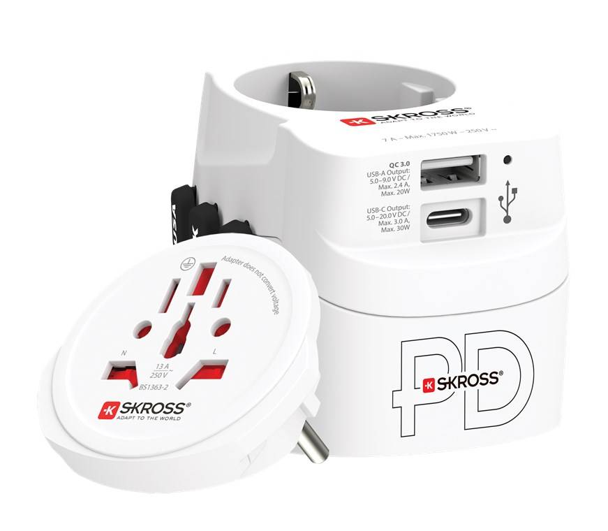 SKROSS 61663 World Adapter PRO Light USB AC30PD - geeignet für 2- und 3-polige Geräte, mit integriertem dualem USB-Ladegerät und Schnellladefunktio