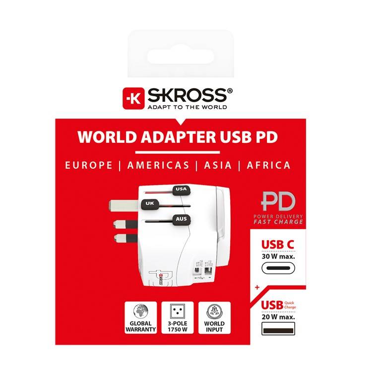 SKROSS 61663 World Adapter PRO Light USB AC30PD - geeignet für 2- und 3-polige Geräte, mit integriertem dualem USB-Ladegerät und Schnellladefunktio