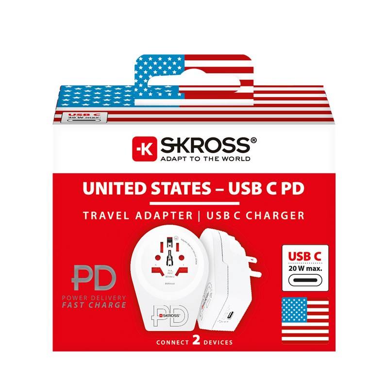 SKROSS 64716 World Adapter - World to USA USB-C™ PD, weiß - Reiseadapter für alle geerdeten und ungeerdeten Geräte (2- und 3-polig), mit integrie