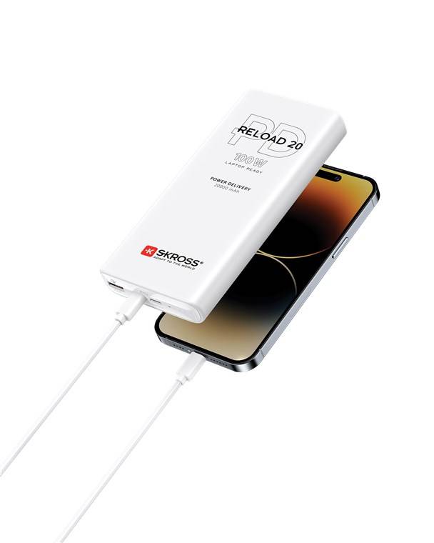 SKROSS 74796 Powerbank Reload 20 PD 100 W, 20000 mAh, weiß - handliche Powerbank mit Power Delivery und Quick Charge für den Schnelllademodus