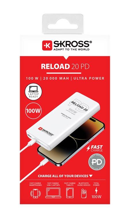 SKROSS 74796 Powerbank Reload 20 PD 100 W, 20000 mAh, weiß - handliche Powerbank mit Power Delivery und Quick Charge für den Schnelllademodus