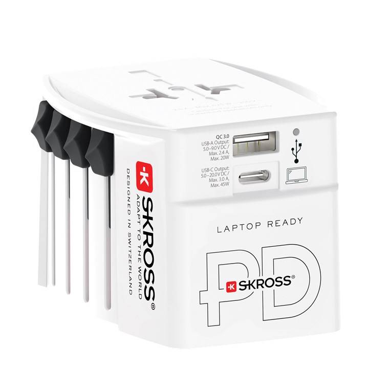 SKROSS 74798 Reiseadapter MUV USB AC 45 PD, weiß - 45 W, 1x USB-C™ und 1x USB-A plus internationale Netzstecker für ungeerdete, 2-polige Geräte