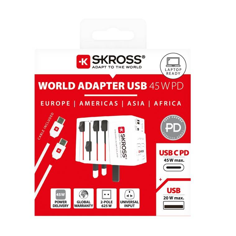 20x SKROSS 74798 Reiseadapter MUV USB AC 45 PD, weiß - 45 W, 1x USB-C™ und 1x USB-A plus internationale Netzstecker für ungeerdete, 2-polige Gerä