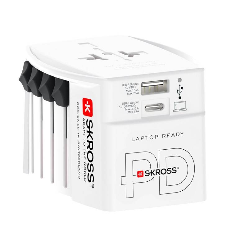 SKROSS 74799 Reiseadapter MUV USB AC 65 PD, weiß - 65 W, 1x USB-C™ und 1x USB-A plus internationale Netzstecker für ungeerdete, 2-polige Geräte