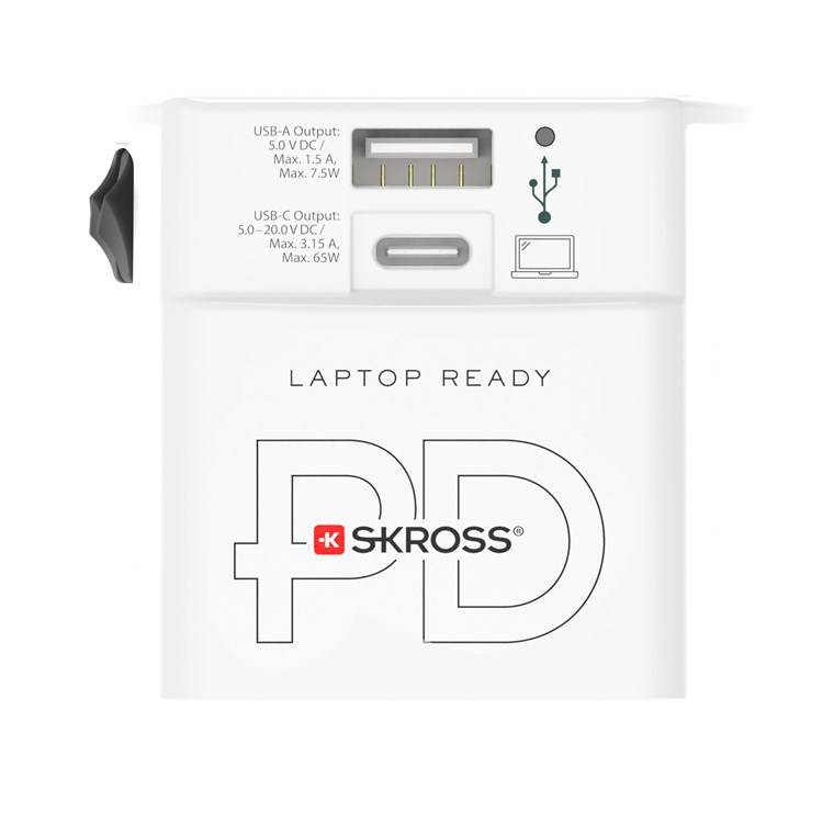 20x SKROSS 74799 Reiseadapter MUV USB AC 65 PD, weiß - 65 W, 1x USB-C™ und 1x USB-A plus internationale Netzstecker für ungeerdete, 2-polige Gerä