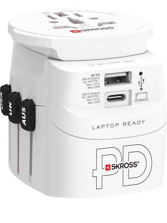 SKROSS 75253 Reiseadapter PRO Light USB AC45PD, weiß - 45 W, 1x USB-C™ und 1x USB-A plus internationale Netzstecker für 2- und 3-polige Geräte