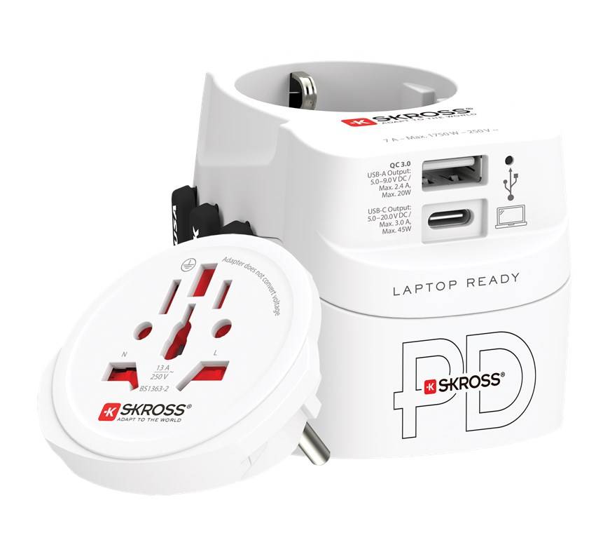 SKROSS 75253 Reiseadapter PRO Light USB AC45PD, weiß - 45 W, 1x USB-C™ und 1x USB-A plus internationale Netzstecker für 2- und 3-polige Geräte