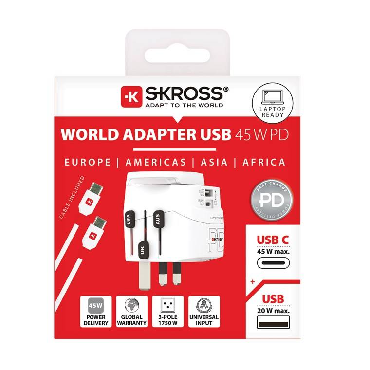 SKROSS 75253 Reiseadapter PRO Light USB AC45PD, weiß - 45 W, 1x USB-C™ und 1x USB-A plus internationale Netzstecker für 2- und 3-polige Geräte