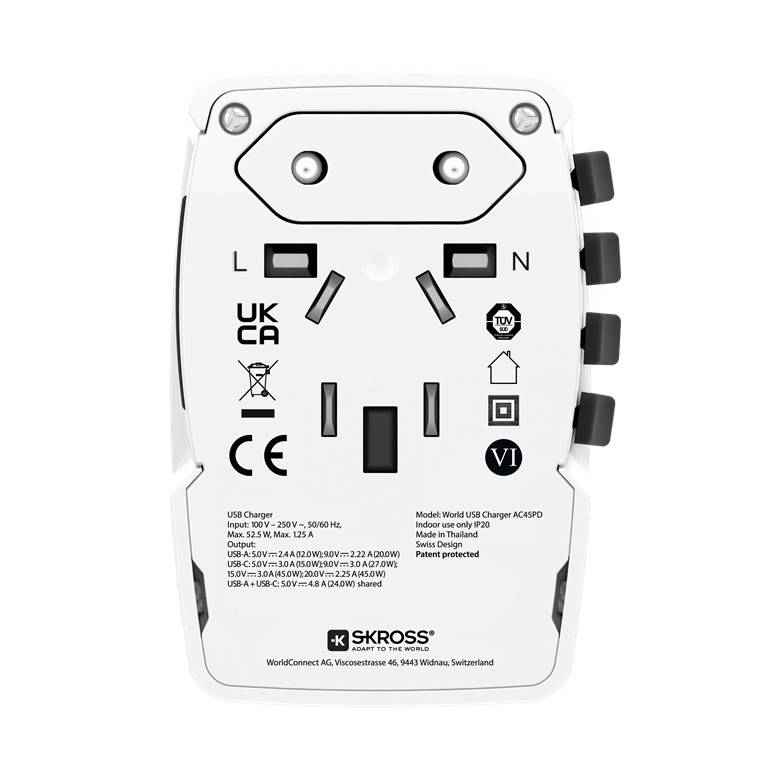SKROSS 75254 Reiseadapter World USB Charger AC45PD, weiß - 45 W, 1x USB-C™ und 1x USB-A für internationale Netzanschlüsse (ungeerdet, 2-polig)