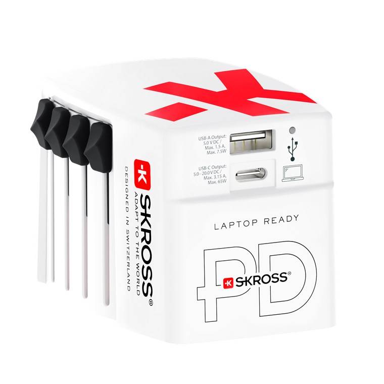 SKROSS 75255 Reiseadapter World USB Charger AC65PD, weiß - 65 W, 1x USB-C™ und 1x USB-A für internationale Netzanschlüsse (ungeerdet, 2-polig)