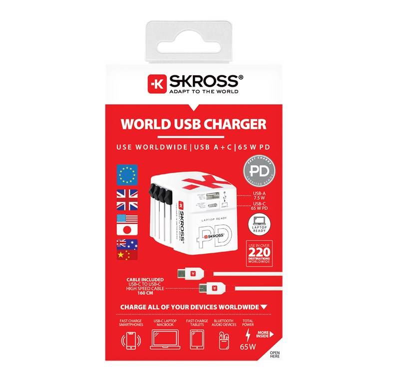 SKROSS 75255 Reiseadapter World USB Charger AC65PD, weiß - 65 W, 1x USB-C™ und 1x USB-A für internationale Netzanschlüsse (ungeerdet, 2-polig)