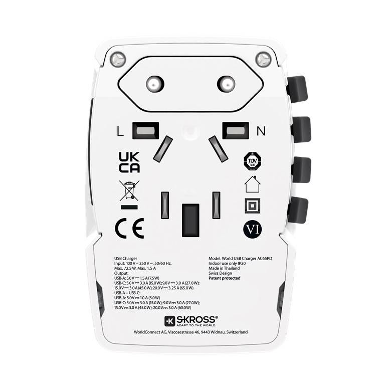 20x SKROSS 75255 Reiseadapter World USB Charger AC65PD, weiß - 65 W, 1x USB-C™ und 1x USB-A für internationale Netzanschlüsse (ungeerdet, 2-polig