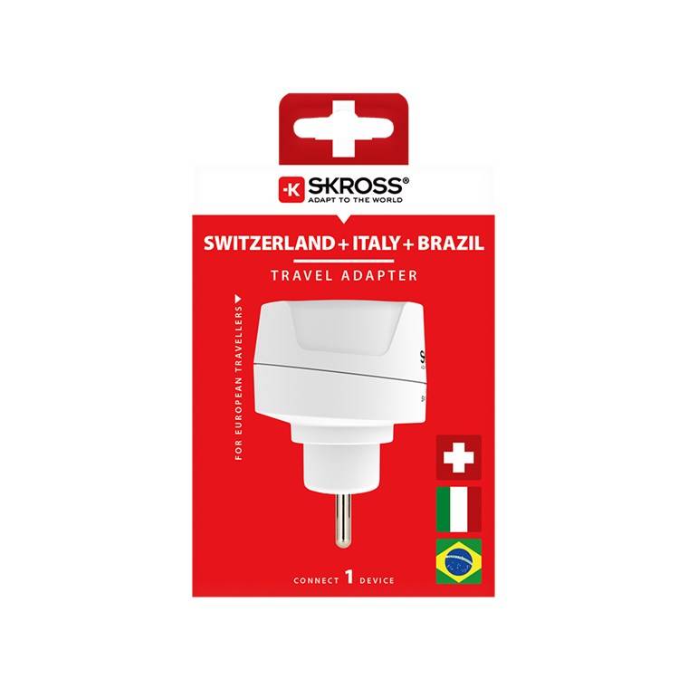 50x SKROSS 77297 Reiseadapter Europe to Switzerland, Italy and Brazil, weiß - für alle geerdeten und ungeerdeten Geräte (2- und 3-polig)