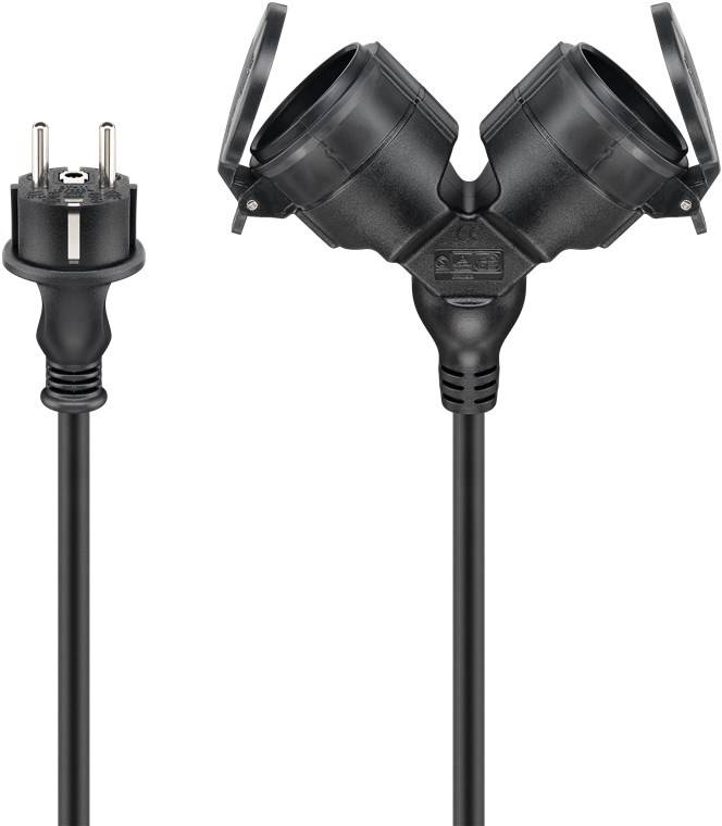 Goobay 65434 Doppel-Verlängerungskabel Outdoor, 5 m, schwarz, (3*1,5 mm²), 5 m - Schutzkontaktstecker Hybrid (Typ E/F, CEE 7/7) > 2x Schutzkontaktbu