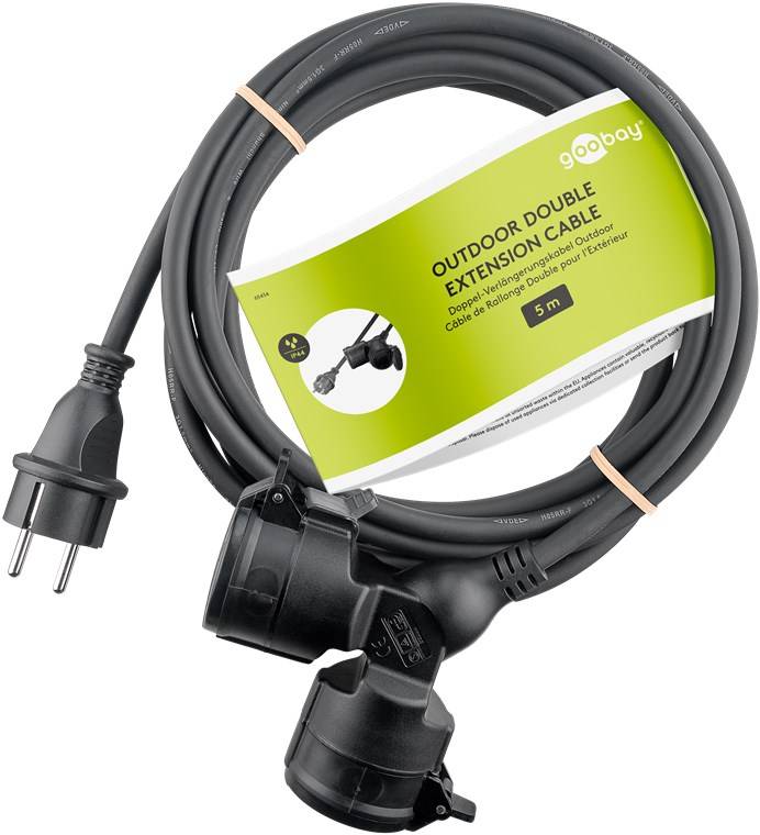 10x Goobay 65434 Doppel-Verlängerungskabel Outdoor, 5 m, schwarz, (3*1,5 mm²), 5 m - Schutzkontaktstecker Hybrid (Typ E/F, CEE 7/7) > 2x Schutzkonta