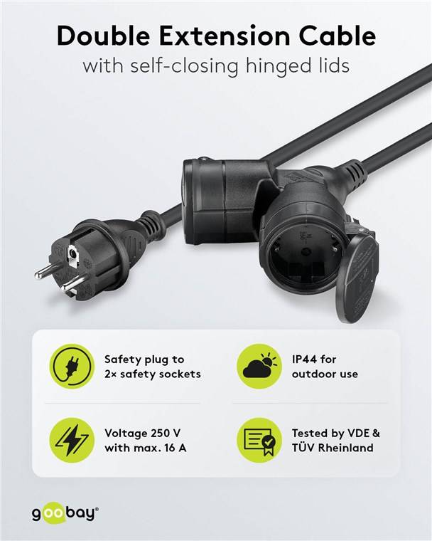 4x Goobay 65436 Doppel-Verlängerungskabel Outdoor, 25 m, schwarz, (3*1,5 mm²), 25 m - Schutzkontaktstecker Hybrid (Typ E/F, CEE 7/7) > 2x Schutzkont