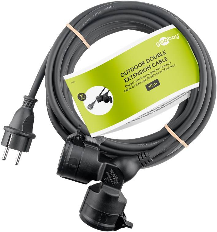 Goobay 65435 Doppel-Verlängerungskabel Outdoor, 10 m, schwarz, (3*1,5 mm²), 10 m - Schutzkontaktstecker Hybrid (Typ E/F, CEE 7/7) > 2x Schutzkontakt