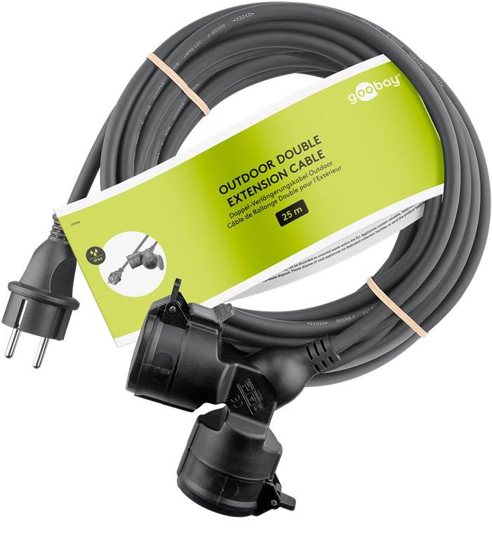 4x Goobay 65436 Doppel-Verlängerungskabel Outdoor, 25 m, schwarz, (3*1,5 mm²), 25 m - Schutzkontaktstecker Hybrid (Typ E/F, CEE 7/7) > 2x Schutzkont