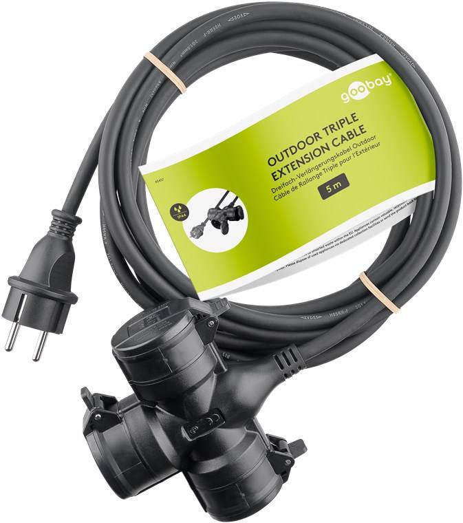 Goobay 65437 Dreifach-Verlängerungskabel Outdoor, 5 m, schwarz, (3*1,5 mm²), 5 m - Schutzkontaktstecker Hybrid (Typ E/F, CEE 7/7) > 3x Schutzkontakt