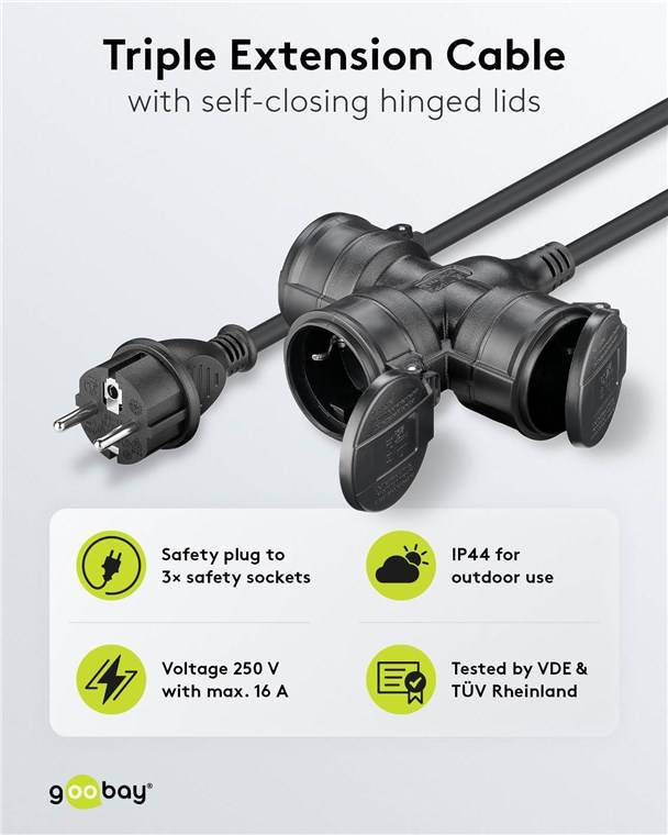 10x Goobay 65437 Dreifach-Verlängerungskabel Outdoor, 5 m, schwarz, (3*1,5 mm²), 5 m - Schutzkontaktstecker Hybrid (Typ E/F, CEE 7/7) > 3x Schutzkon
