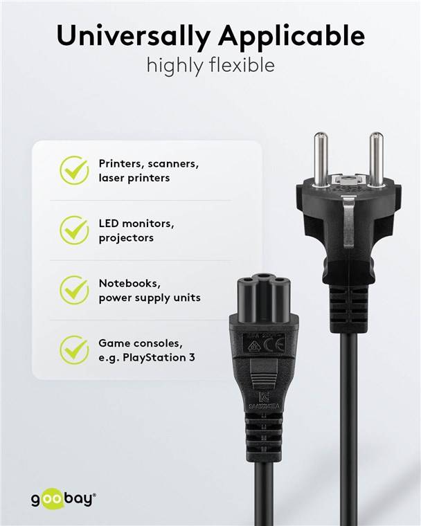 30x Goobay 70765 Netzkabel mit Schutzkontakt, 2 m, schwarz, (3*0,75 mm²), 2 m - Schutzkontaktstecker Hybrid (Typ E/F, CEE 7/7) > Gerätebuchse C5