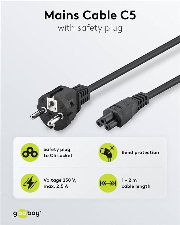 30x Goobay 70765 Netzkabel mit Schutzkontakt, 2 m, schwarz, (3*0,75 mm²), 2 m - Schutzkontaktstecker Hybrid (Typ E/F, CEE 7/7) > Gerätebuchse C5