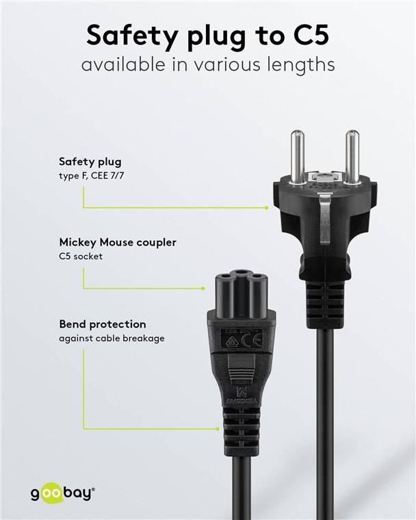 30x Goobay 70765 Netzkabel mit Schutzkontakt, 2 m, schwarz, (3*0,75 mm²), 2 m - Schutzkontaktstecker Hybrid (Typ E/F, CEE 7/7) > Gerätebuchse C5