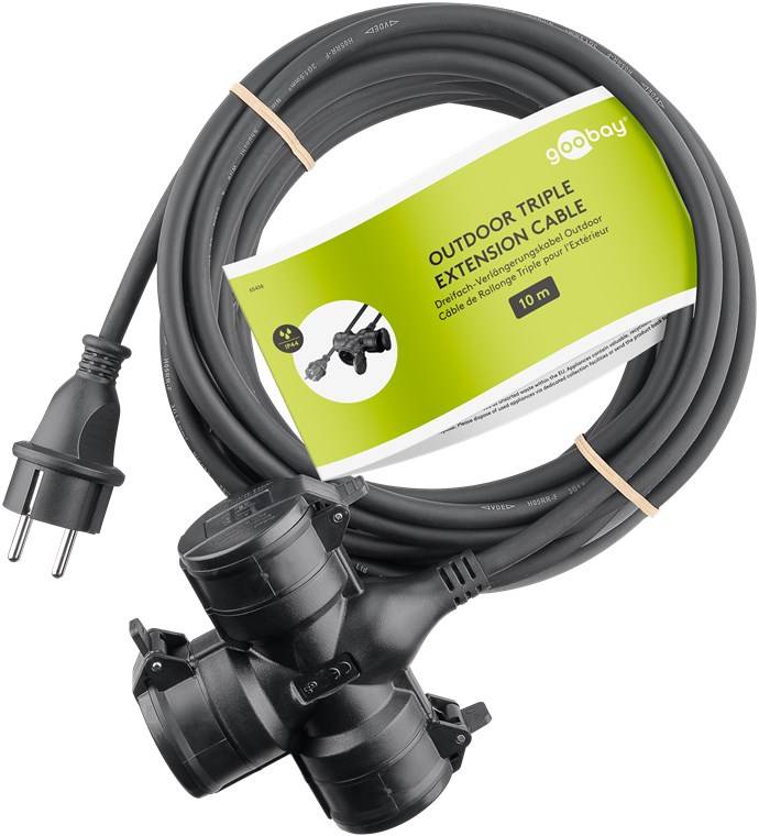 8x Goobay 65438 Dreifach-Verlängerungskabel Outdoor, 10 m, schwarz, (3*1,5 mm²), 10 m - Schutzkontaktstecker Hybrid (Typ E/F, CEE 7/7) > 3x Schutzko